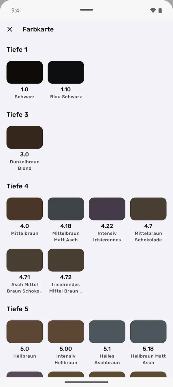 Digitale Farbkarte der Thurp App, nach Tiefen sortiert