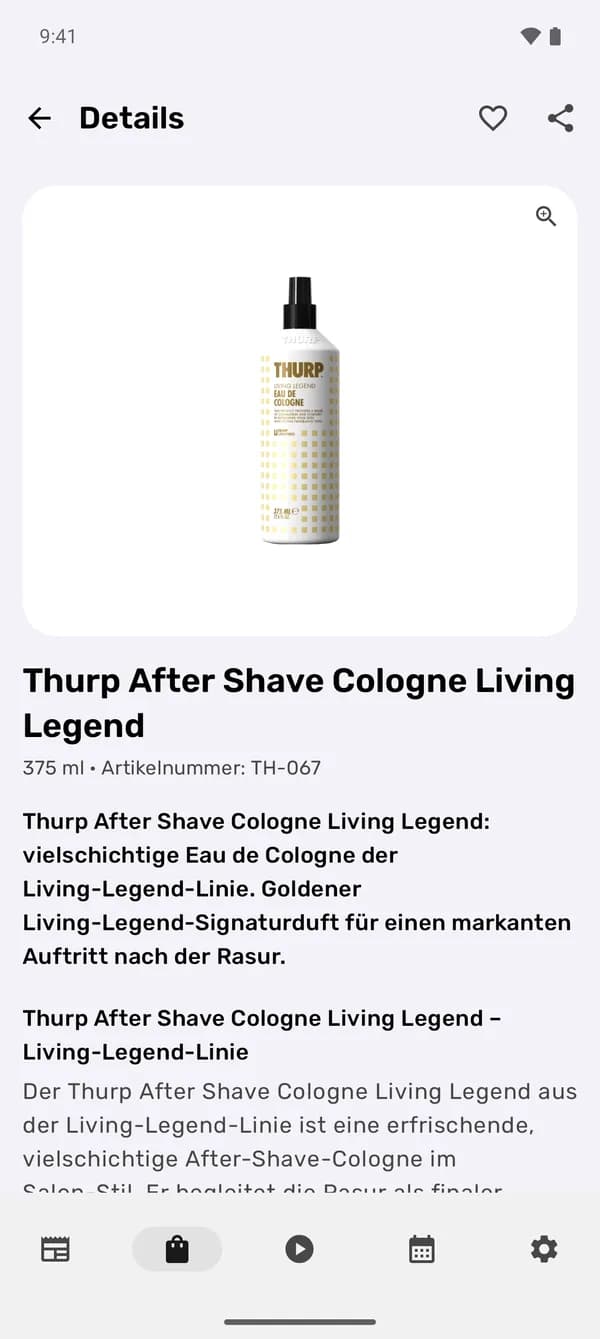 Produktseite der Thurp App auf Android mit Beschreibung und Artikelnummer