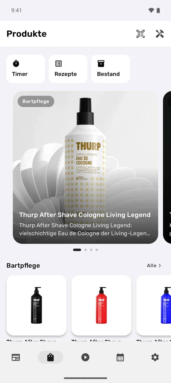 Produktkatalog der Thurp App auf Android mit Kategorien und Karussell